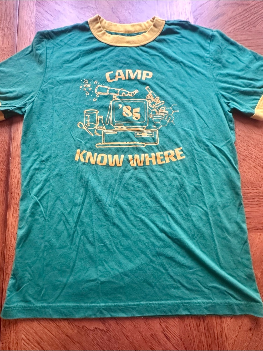 Camp Know Where Graphic Ringer Tee - Green with Yellow Trim - Size Large